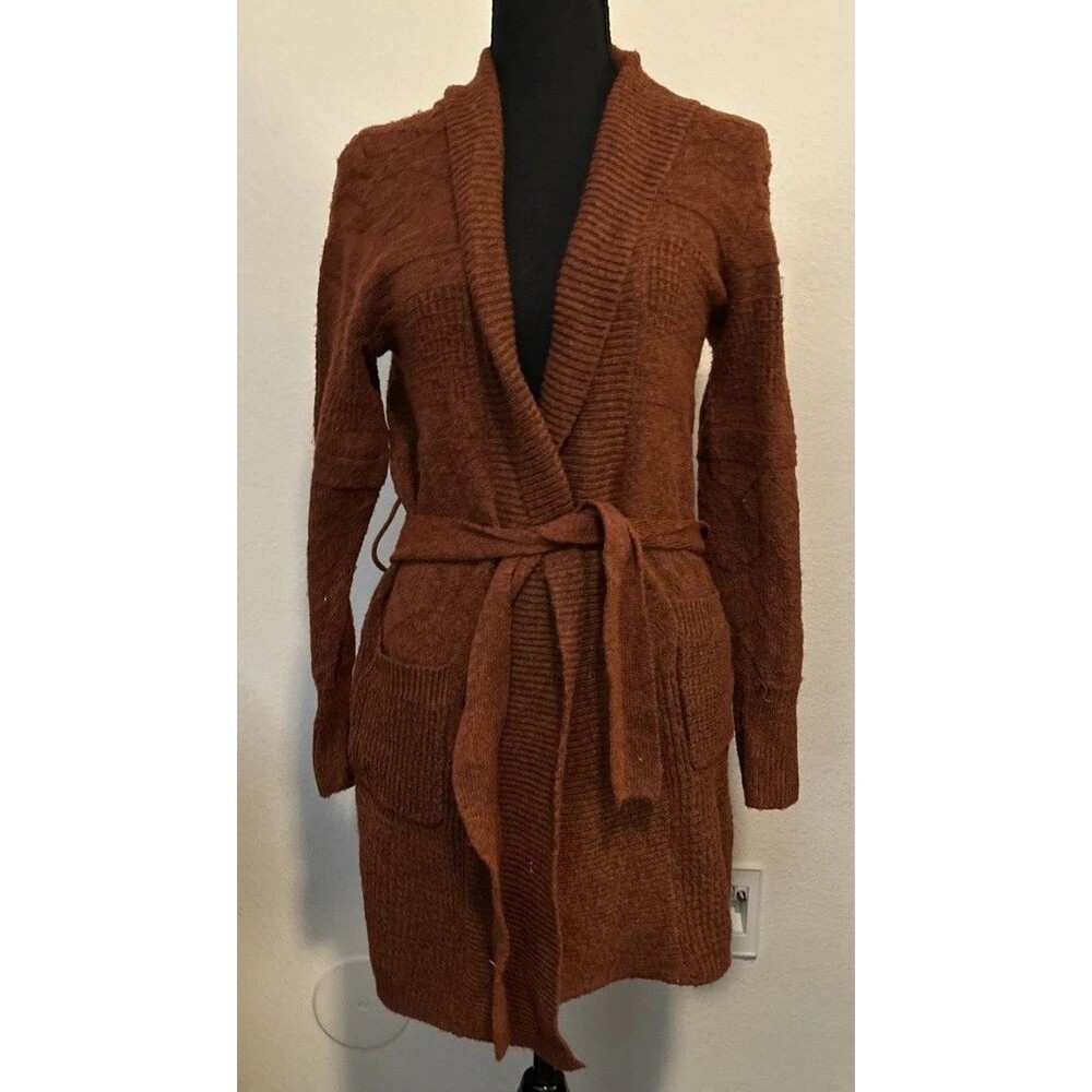 NWT Pink Rose Belted Cardigan Sweater XS Brown Rust Knit Wrap Shawl Collar Cozy